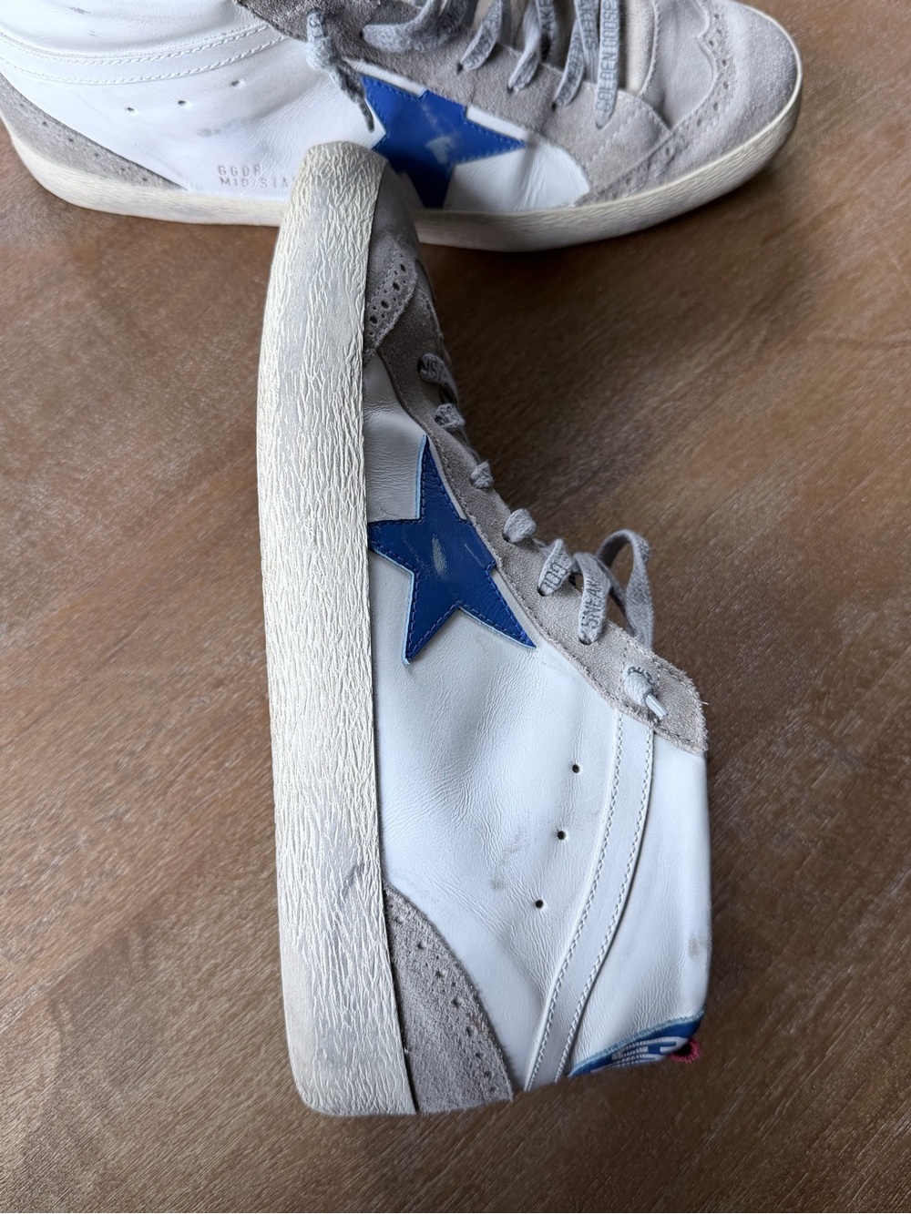 Golden Goose Mid Star Beige Suede High-Top Sneakers with Blue Star/Pink Pull Tab - Picture 6 of 16